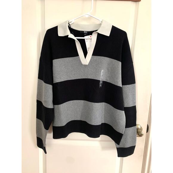 Uniqlo Smooth Cotton Relaxed Polo Sweater in Striped Black Gray - Picture 3 of 8